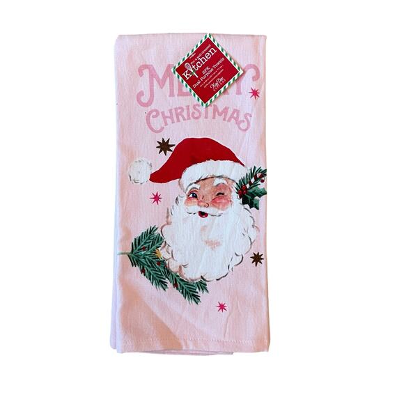 Set of 2  Pink Santa Christmas Kitchen Towels 18x28 Cotton Reto Holiday New - Picture 2 of 12